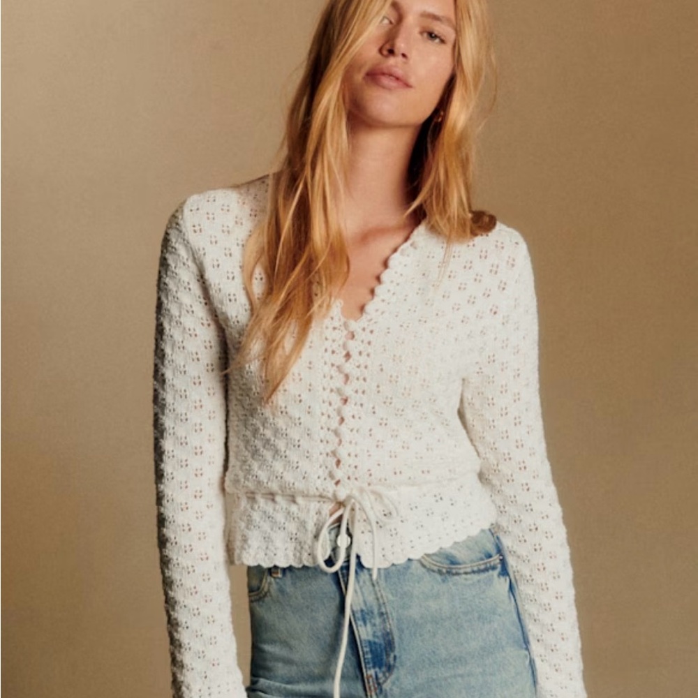 Sezane Martie Cardigan White Crochet Tie-Waist Cardigan Top